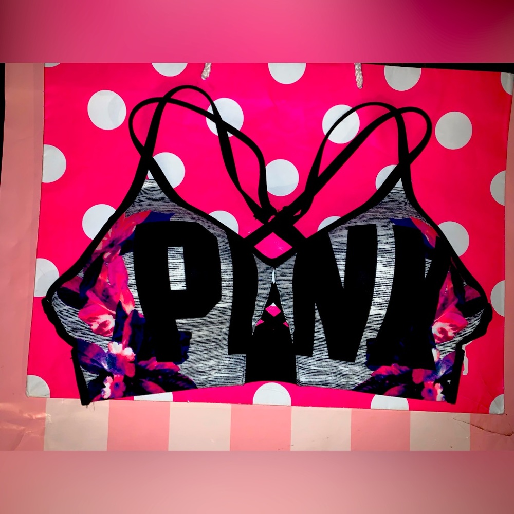 VS PINK Size SMALL Ultimate Push-Up Sports Bra. Floral Logo Print.